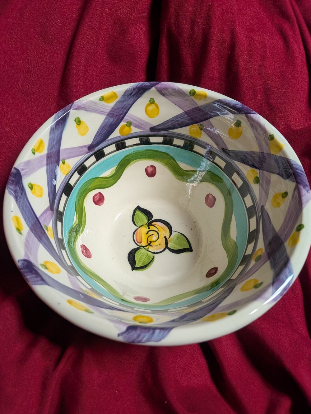 Vicki Trull Hand Painted Ceramic Bowl Multicolor Floral Art Pottery 1996 Vintage